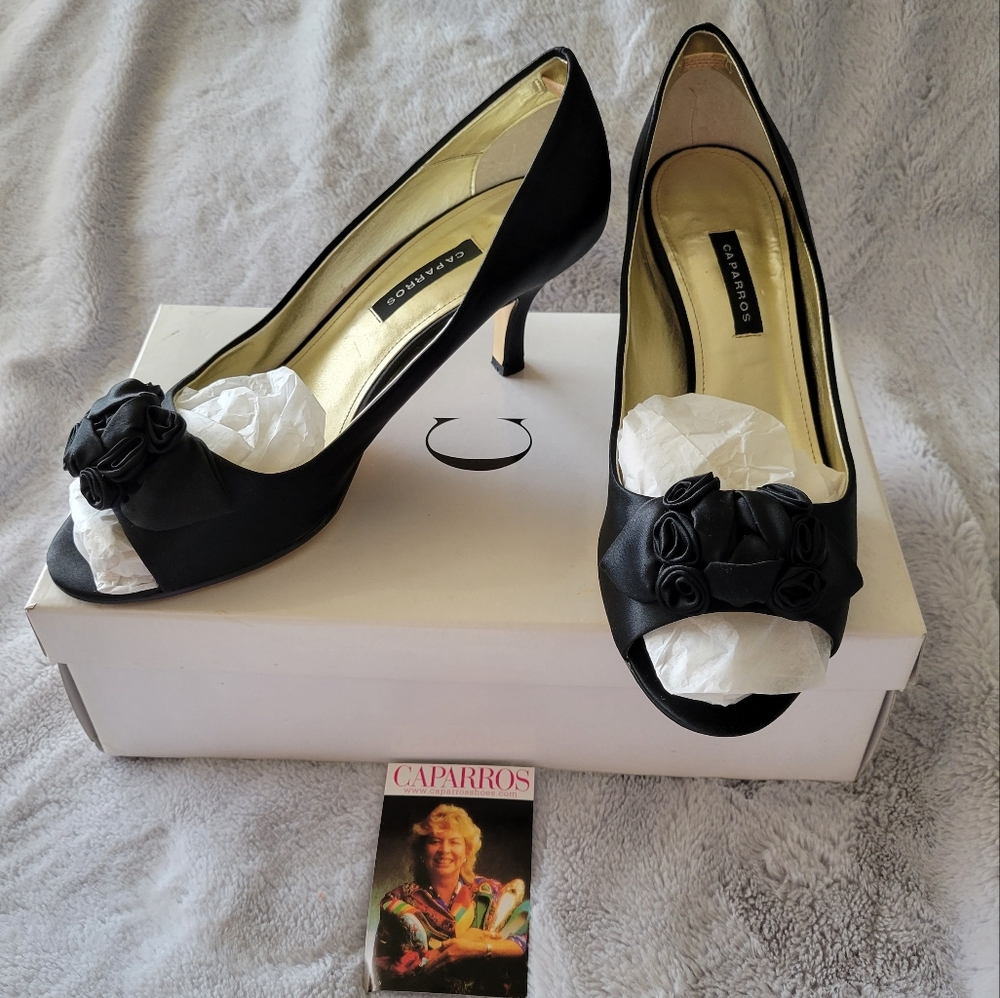 Caparros 8.5M 'Nahla' Black Silk Open Toe 2.5" Heels